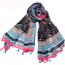 Hot selling bohemia style summer tassels scarf rhombus pattern digital printing scarf 100% cotton voile scarf